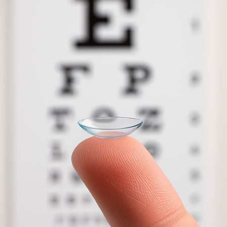 contact lens on finger in front of a blurry snellen eye chart contact lens on finger in front of a blurry snellen eye chart